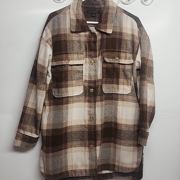 Banana Republic Tops - Banana Republic Womens Soft Cozy Tan & Brown Plaid Oversized Shirt Jacket Sz S
